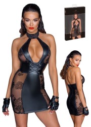 Robe sexy à col montant en wetlook noir avec maille transparente sur les cotés