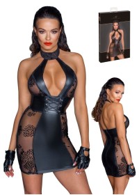 Robe sexy à col montant en wetlook noir avec maille transparente sur les cotés