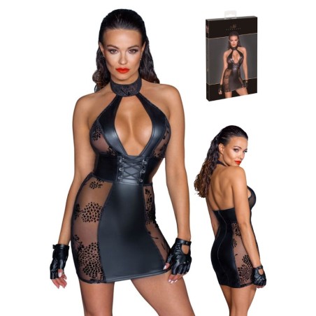 Robe sexy à col montant en wetlook noir avec maille transparente sur les cotés