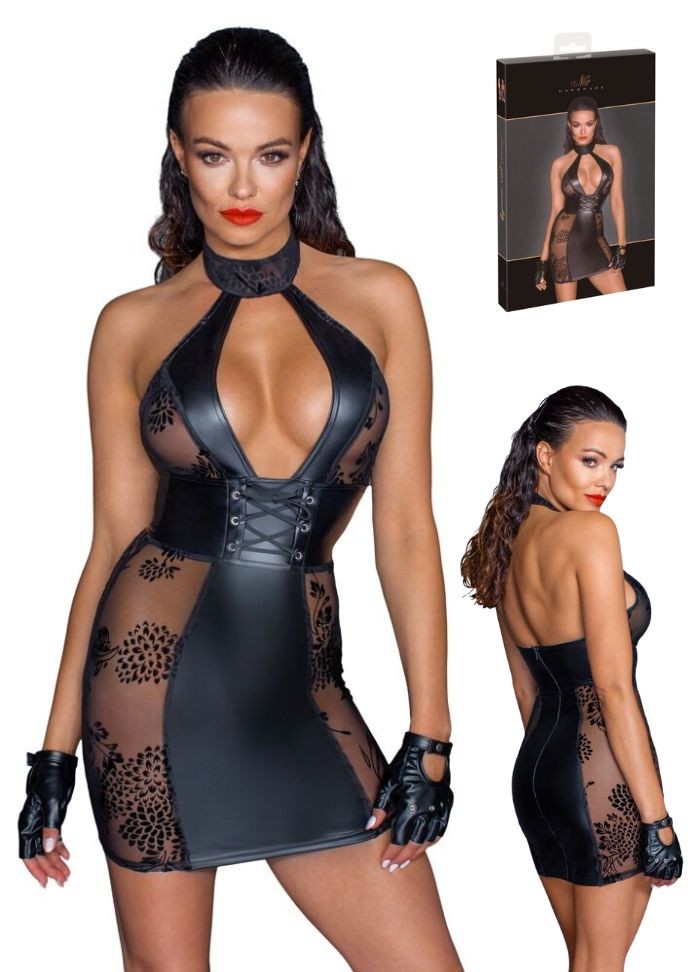 Robe sexy à col montant en wetlook noir avec maille transparente sur les cotés