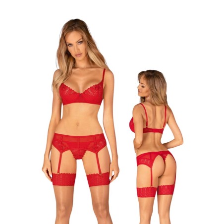 Lingerie sexy femme en dentelle rouge avec soutien-gorge, string et porte-jarretelles - Sophie Libertine Vannes
