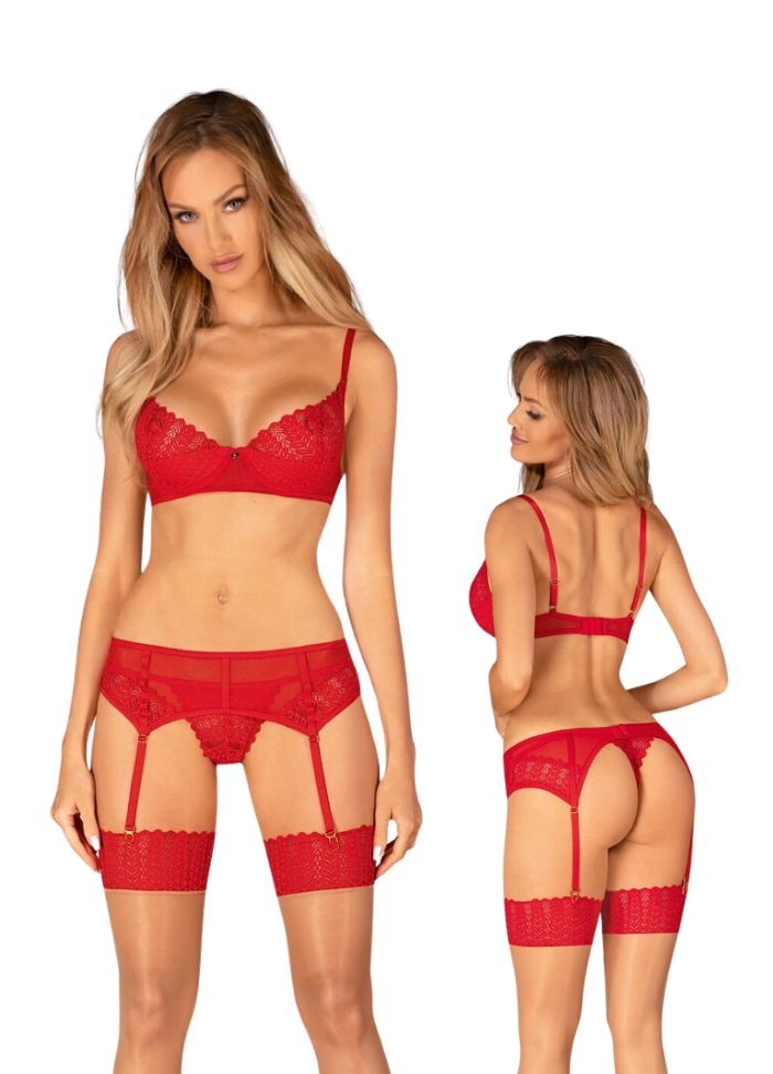 Lingerie sexy femme en dentelle rouge avec soutien-gorge, string et porte-jarretelles - Sophie Libertine Vannes