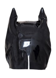 Masque félin noir brillant présenté chez Sophie Libertine Vannes, parfait pour accompagner une combinaison