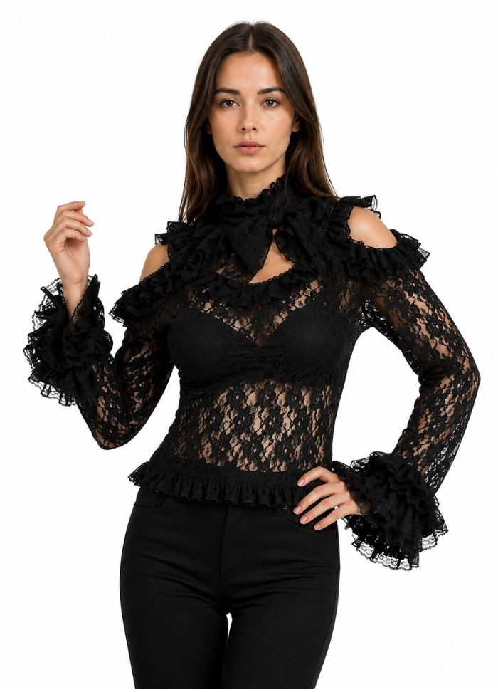 Top en dentelle noir transparent modèle queen de la marque Burleska